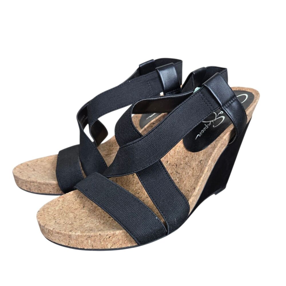 Jessica Simpson Brisy Cork Wedge Sandals 9.5 Strappy Black Slingback Resort Wear